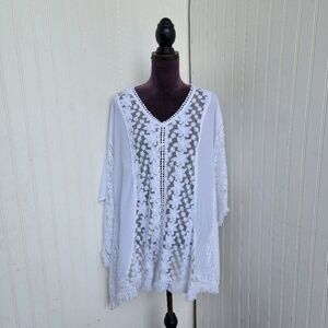 Pure By Exist Womens Dress Top White Flowy Sleeves Lace Accent V Neck L/XL